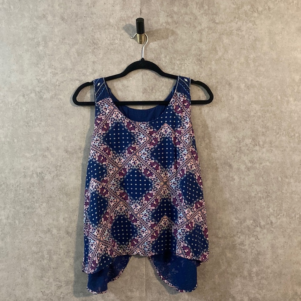 Red Camel Sleeveless Multicolor Tank Top Beaded Bandana Print Navy Purple